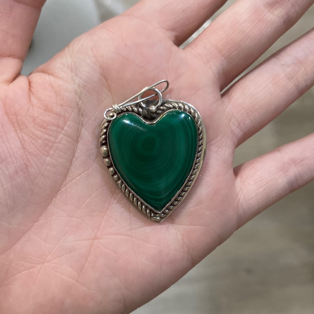 Signed Native American sterling malachite heart pendent